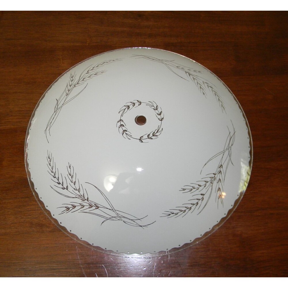 Vintage 12" MCM Round White Glass Floral Ceiling Light Shade Saucer Wheat Design